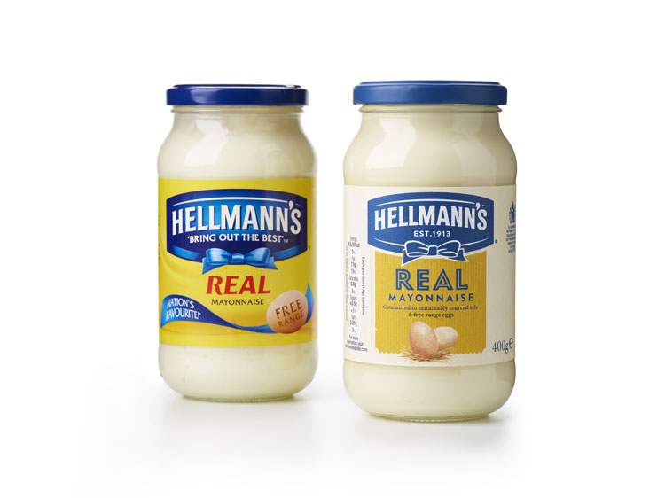 Hellmann 的品牌包裝設(shè)計，藍(lán)絲帶標(biāo)志，手繪字體