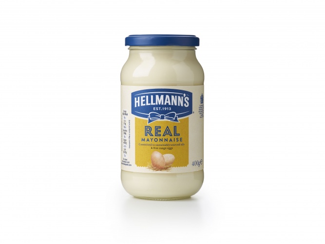Hellmann 的品牌包裝設(shè)計，藍(lán)絲帶標(biāo)志，手繪字體